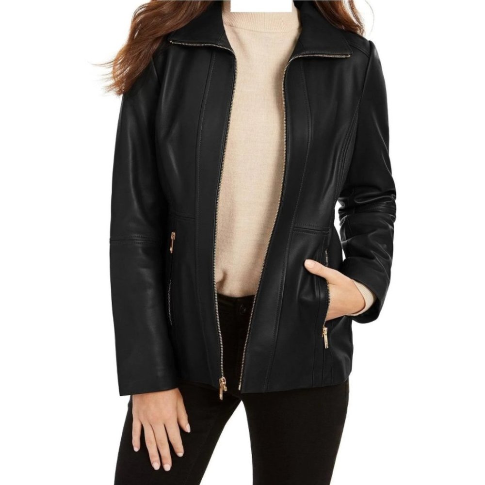 anne klein zip up lambskin leather jacket